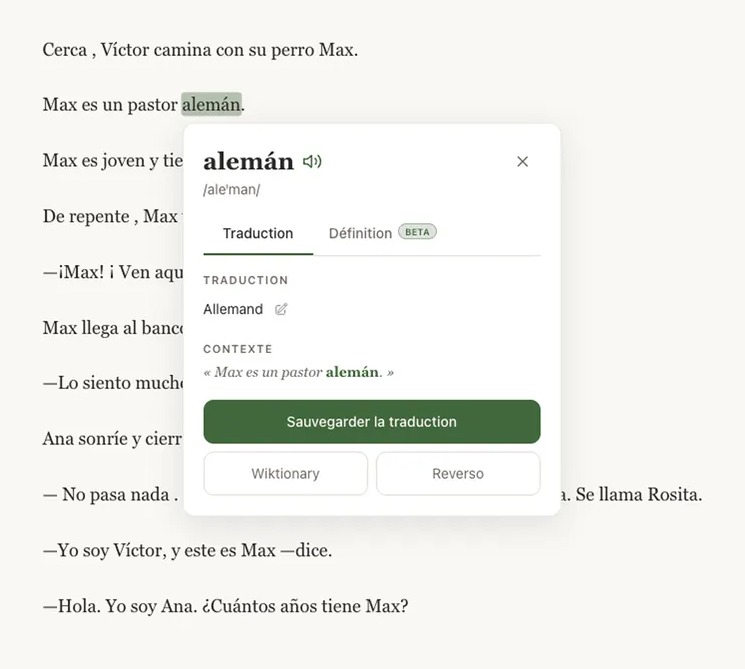 Popup de traduction pour un mot cliqué dans un texte, avec définition et contexte